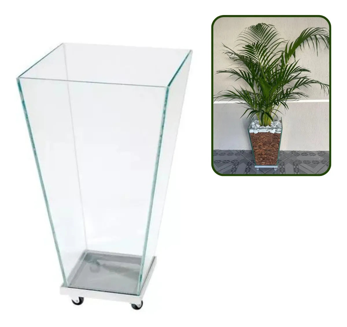 Vaso Cachepot De Vidro Trapézio C/ Rodinhas Tamanho 40x30