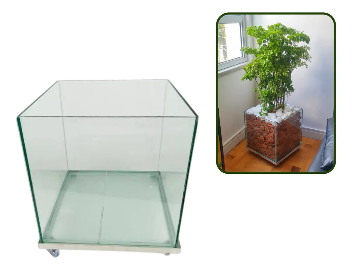 Vaso Cachepot De Vidro C/ Rodinhas Tamanho 35x35x35